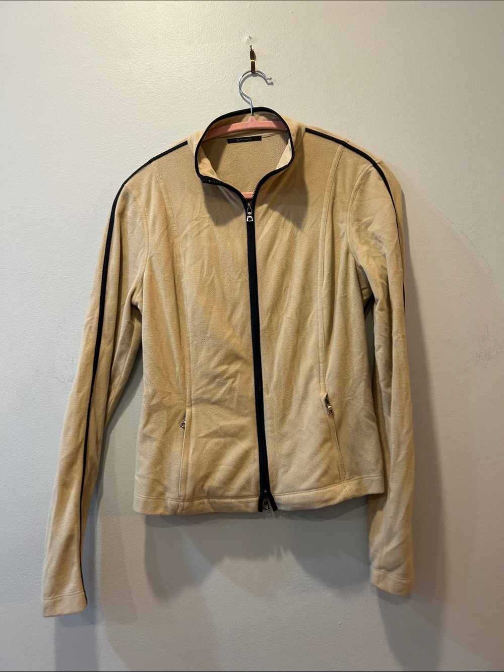 Elie Tahari Beige Zip-Front Fleece Jacket with Black Trim